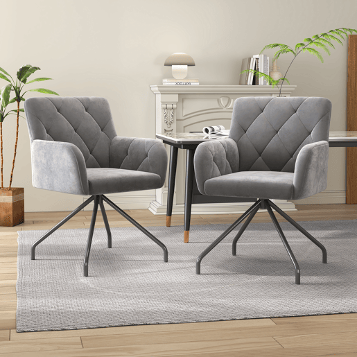 Conjunto de 2 cadeiras de sala de jantar - Cadeira de sala com padrão de losangos, 4 pernas metálicas, apoio lombar, veludo - Cinza claro