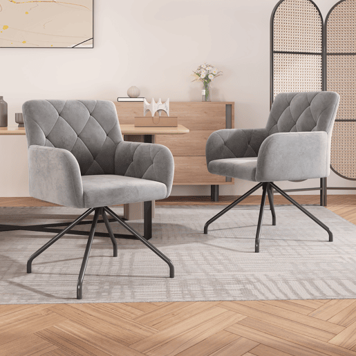 Conjunto de 2 cadeiras de sala de jantar - Cadeira de sala com padrão de losangos, 4 pernas metálicas, apoio lombar, veludo - Cinza claro