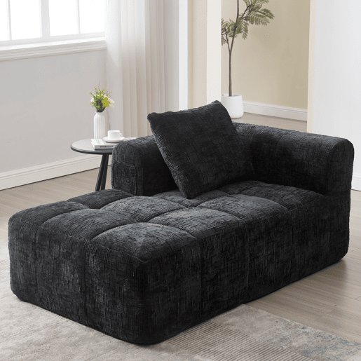 Sofá Chaiselongue - Sem montagem, macio com almofadas, bolsos laterais para comando e telemóvel - Preto
