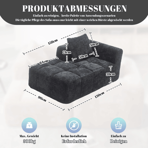 Sofá Chaiselongue - Sem montagem, macio com almofadas, bolsos laterais para comando e telemóvel - Preto