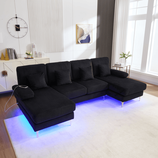 Sofá U moderno - com iluminação LED, porta USB-C, estrutura em madeira maciça, 4 almofadas luxuosas e encosto ergonómico - preto