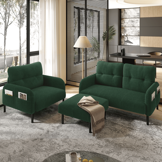 Conjunto de 3 peças Cord - Poltrona + Pufe + Sofá de 2 lugares com bolso lateral, estrutura em aço e encosto extra macio - Verde Esmeralda Conjunto de 3 peças Cord - Poltrona + Pufe + Sofá de 2 lugares com bolso lateral, estrutura em aço e encosto extra macio - Verde Esmeralda