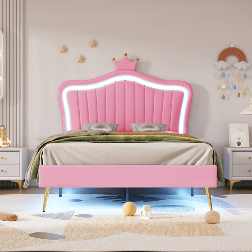 Cama infantil 90x200 cm - Estrutura de cama para menina, design com coroa rosa, PU com luzes LED, estrado e encosto - Rosa