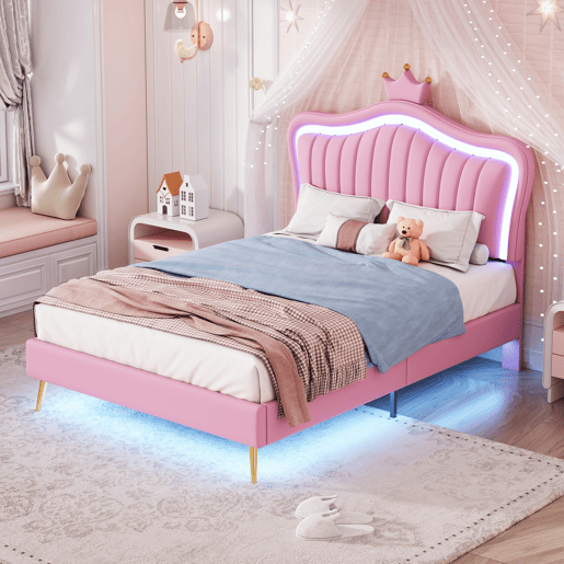 Cama infantil 90x200 cm - Estrutura de cama para menina, design com coroa rosa, PU com luzes LED, estrado e encosto - Rosa