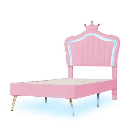 Cama infantil 90x200 cm - Estrutura de cama para menina, design com coroa rosa, PU com luzes LED, estrado e encosto - Rosa