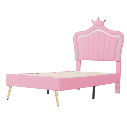 Cama infantil 90x200 cm - Estrutura de cama para menina, design com coroa rosa, PU com luzes LED, estrado e encosto - Rosa