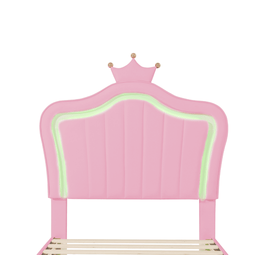Cama infantil 90x200 cm - Estrutura de cama para menina, design com coroa rosa, PU com luzes LED, estrado e encosto - Rosa