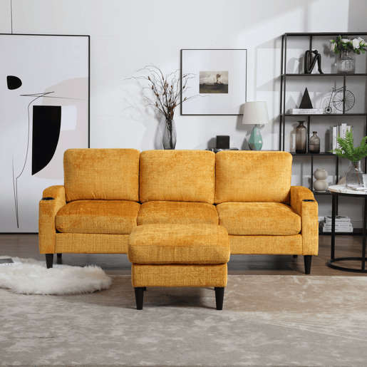 Sofá elegante de 4 lugares - com otomano, apoios de braços confortáveis, porta-copos, bolsos laterais e pés de plástico robustos - Amarelo