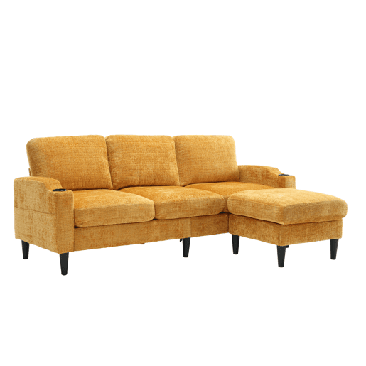 Sofá elegante de 4 lugares - com otomano, apoios de braços confortáveis, porta-copos, bolsos laterais e pés de plástico robustos - Amarelo