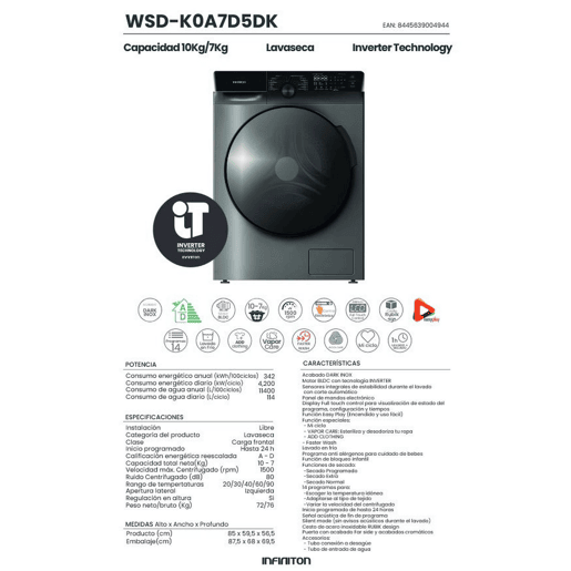 Máquina de Lavar e Secar Infiniton WSD-K0A7D5DK, 10 kg  7 kg, 1500 RPM, AD, 14 Programas, Dark Inox