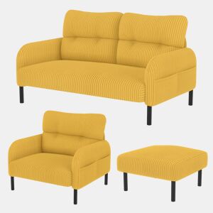 Conjunto de 3 peças Cord - Poltrona + Banqueta + Sofá de 2 lugares - Estrutura em aço, encosto extra macio, assento profundo, modular - Amarelo mostarda