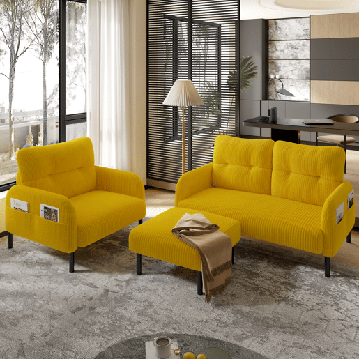 Conjunto de 3 peças Cord - Poltrona + Banqueta + Sofá de 2 lugares - Estrutura em aço, encosto extra macio, assento profundo, modular - Amarelo mostarda