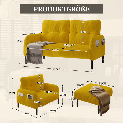 Conjunto de 3 peças Cord - Poltrona + Banqueta + Sofá de 2 lugares - Estrutura em aço, encosto extra macio, assento profundo, modular - Amarelo mostarda