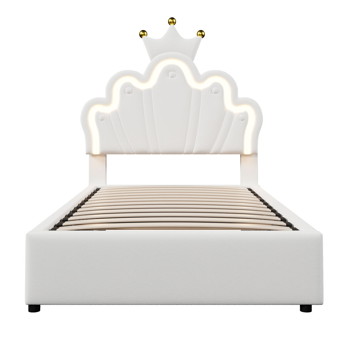 Cama tapizada 90x200 cm - sin colchón, luz led, mecanismo hidráulico, cama princesa con forma de corona, cabecero ajustable, pu - blanco