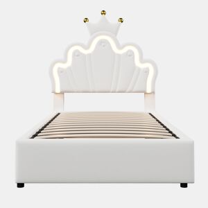 Cama estofada 90x200 cm - sem colchão, luz LED, mecanismo hidráulico, cama princesa em forma de coroa, cabeceira ajustável, PU - branco