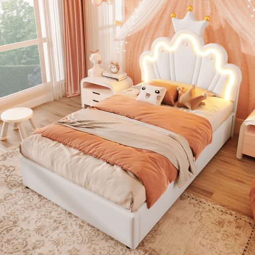 Cama estofada 90x200 cm - sem colchão, luz LED, mecanismo hidráulico, cama princesa em forma de coroa, cabeceira ajustável, PU - branco