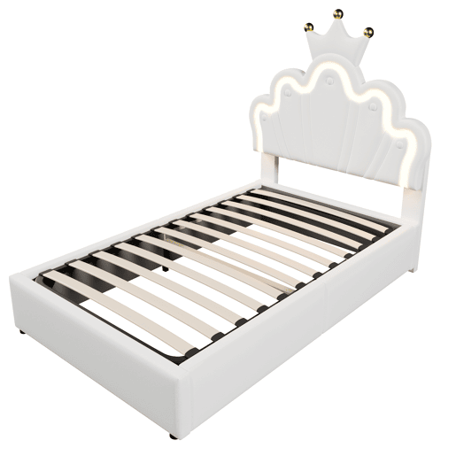 Cama estofada 90x200 cm - sem colchão, luz LED, mecanismo hidráulico, cama princesa em forma de coroa, cabeceira ajustável, PU - branco