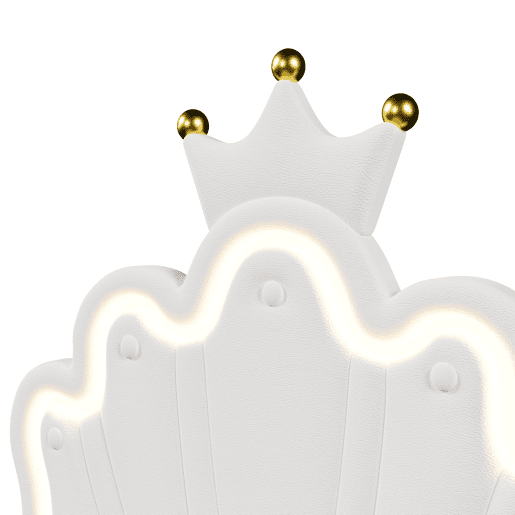 Cama estofada 90x200 cm - sem colchão, luz LED, mecanismo hidráulico, cama princesa em forma de coroa, cabeceira ajustável, PU - branco