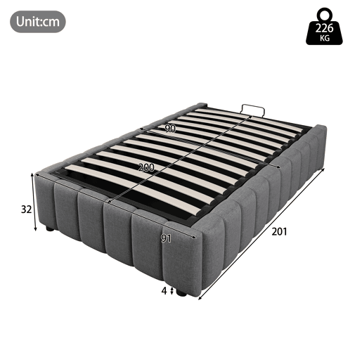 Cama estofada 90x200cm - Armazenamento hidráulico, sem cabeceira, sem colchão - Cinza