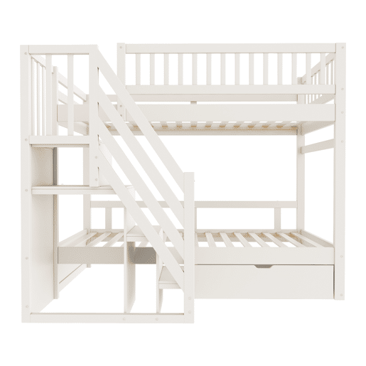 Cama beliche 90*200 cm - Com barreira de segurança alta, com estrado, escada de segurança com arrumação, com gavetas de arrumação - Branco