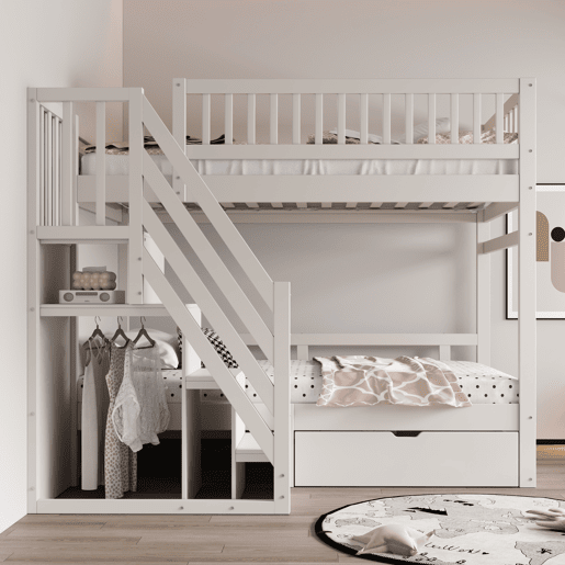 Cama beliche 90*200 cm - Com barreira de segurança alta, com estrado, escada de segurança com arrumação, com gavetas de arrumação - Branco