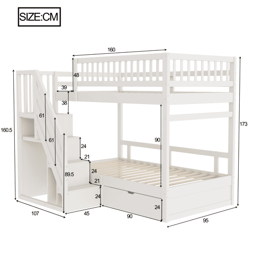 Cama beliche 90*200 cm - Com barreira de segurança alta, com estrado, escada de segurança com arrumação, com gavetas de arrumação - Branco