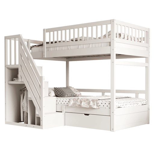 Cama beliche 90*200 cm - Com barreira de segurança alta, com estrado, escada de segurança com arrumação, com gavetas de arrumação - Branco
