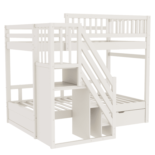 Cama beliche 90*200 cm - Com barreira de segurança alta, com estrado, escada de segurança com arrumação, com gavetas de arrumação - Branco