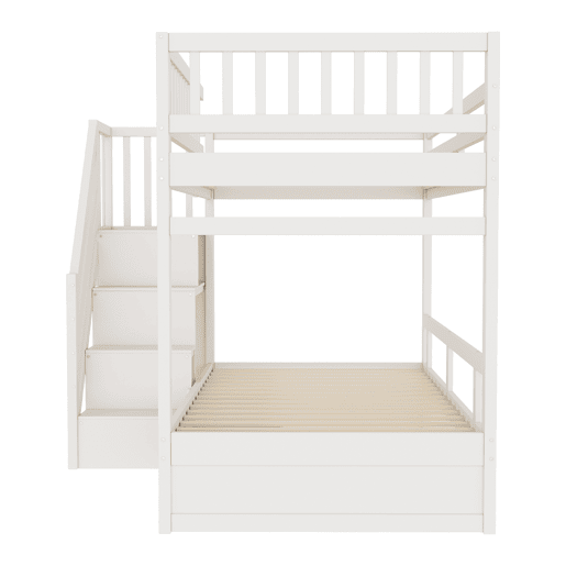 Cama beliche 90*200 cm - Com barreira de segurança alta, com estrado, escada de segurança com arrumação, com gavetas de arrumação - Branco