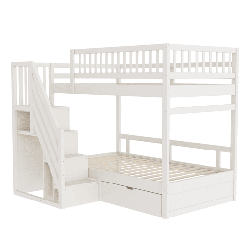 Cama beliche 90*200 cm - Com barreira de segurança alta, com estrado, escada de segurança com arrumação, com gavetas de arrumação - Branco