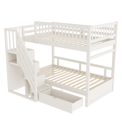 Cama beliche 90*200 cm - Com barreira de segurança alta, com estrado, escada de segurança com arrumação, com gavetas de arrumação - Branco