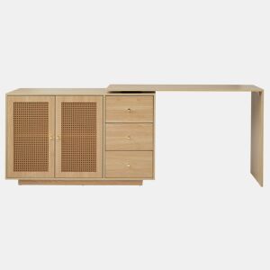 Secretária em forma de L 126 cm - Mesa de computador com portas de rattan - Madeira natural