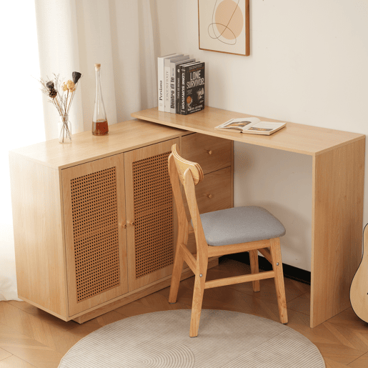 Secretária em forma de L 126 cm - Mesa de computador com portas de rattan - Madeira natural