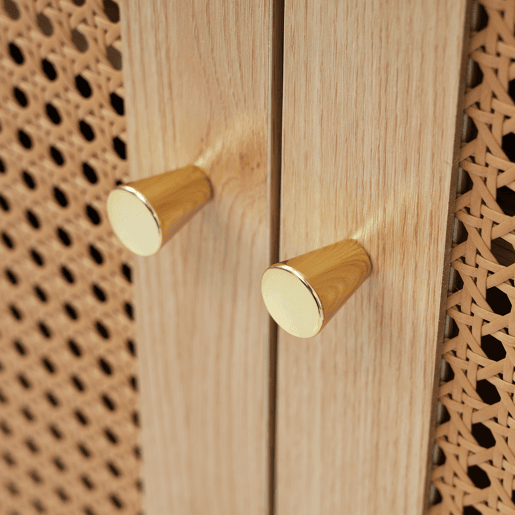 Secretária em forma de L 126 cm - Mesa de computador com portas de rattan - Madeira natural