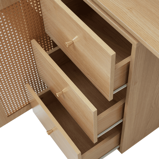 Secretária em forma de L 126 cm - Mesa de computador com portas de rattan - Madeira natural