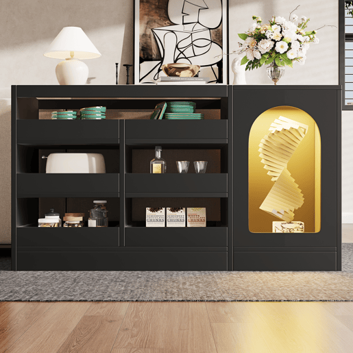 Cômoda, 120x40x75 cm - Moderna, com luz LED, 6 gavetas, porta de armazenamento, cor preta