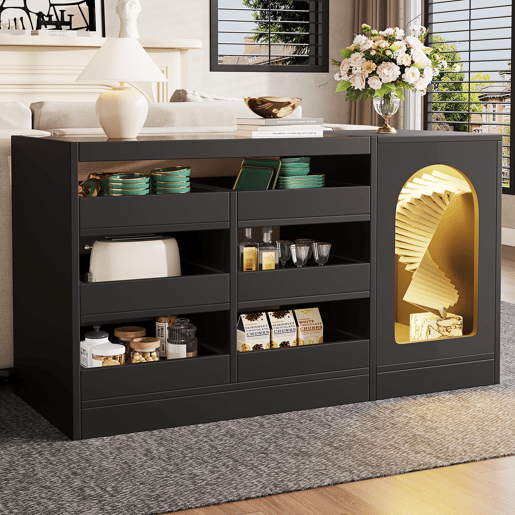 Cômoda, 120x40x75 cm - Moderna, com luz LED, 6 gavetas, porta de armazenamento, cor preta