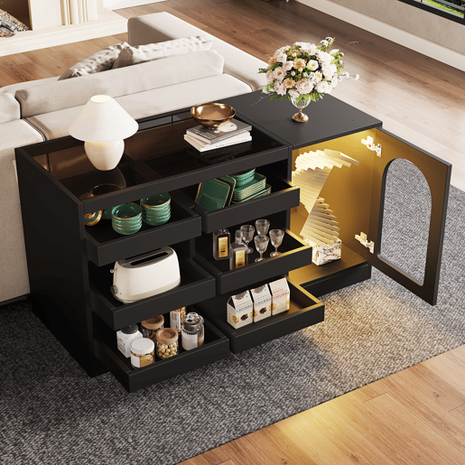 Cômoda, 120x40x75 cm - Moderna, com luz LED, 6 gavetas, porta de armazenamento, cor preta