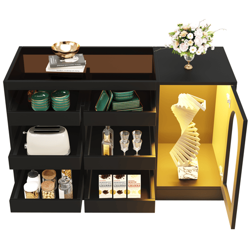 Cômoda, 120x40x75 cm - Moderna, com luz LED, 6 gavetas, porta de armazenamento, cor preta