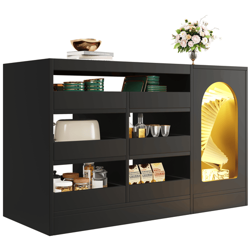 Cômoda, 120x40x75 cm - Moderna, com luz LED, 6 gavetas, porta de armazenamento, cor preta