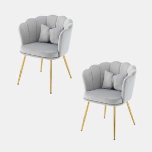 Conjunto de 2 cadeiras modernas de veludo - Cadeiras de sala, casa de banho, almofadadas, encosto em forma de pétala, pernas de metal dourado - Cinza