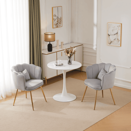 Conjunto de 2 cadeiras modernas de veludo - Cadeiras de sala, casa de banho, almofadadas, encosto em forma de pétala, pernas de metal dourado - Cinza Conjunto de 2 cadeiras modernas de veludo - Cadeiras de sala, casa de banho, almofadadas, encosto em forma de pétala, pernas de metal dourado - Cinza