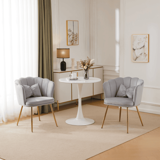 Conjunto de 2 cadeiras modernas de veludo - Cadeiras de sala, casa de banho, almofadadas, encosto em forma de pétala, pernas de metal dourado - Cinza Conjunto de 2 cadeiras modernas de veludo - Cadeiras de sala, casa de banho, almofadadas, encosto em forma de pétala, pernas de metal dourado - Cinza