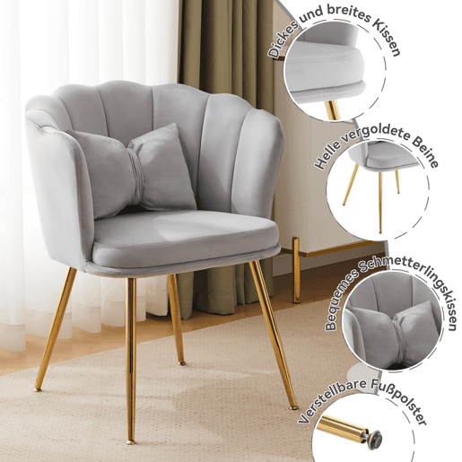 Conjunto de 2 cadeiras modernas de veludo - Cadeiras de sala, casa de banho, almofadadas, encosto em forma de pétala, pernas de metal dourado - Cinza Conjunto de 2 cadeiras modernas de veludo - Cadeiras de sala, casa de banho, almofadadas, encosto em forma de pétala, pernas de metal dourado - Cinza