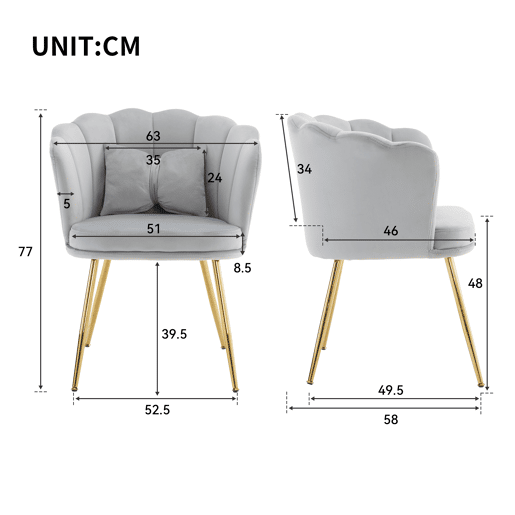 Conjunto de 2 cadeiras modernas de veludo - Cadeiras de sala, casa de banho, almofadadas, encosto em forma de pétala, pernas de metal dourado - Cinza Conjunto de 2 cadeiras modernas de veludo - Cadeiras de sala, casa de banho, almofadadas, encosto em forma de pétala, pernas de metal dourado - Cinza