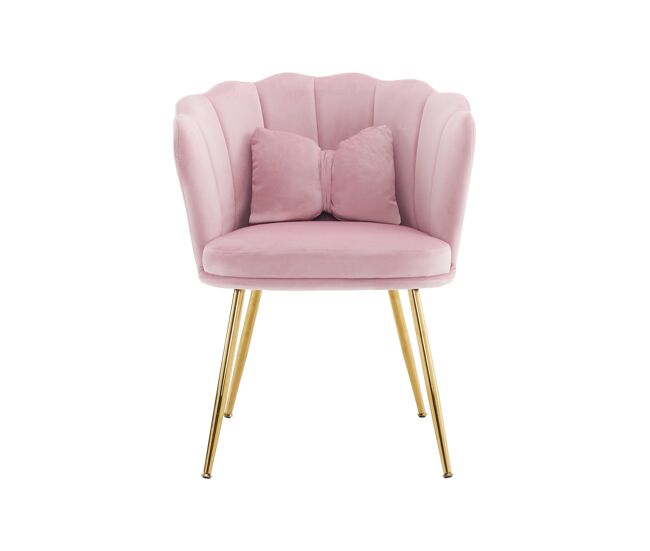 Sillón moderno para sala de estar - sillón decorativo acolchonado con respaldo en forma de pétalos y patas metálicas doradas - rosa