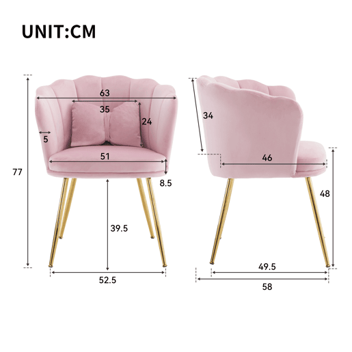 Poltrona moderna para sala de estar - Poltrona decorativa acolchoada com encosto em forma de pétalas e pés metálicos dourados - Rosa