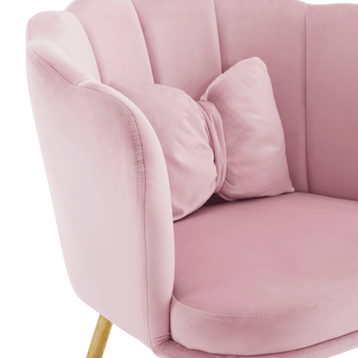 Poltrona moderna para sala de estar - Poltrona decorativa acolchoada com encosto em forma de pétalas e pés metálicos dourados - Rosa