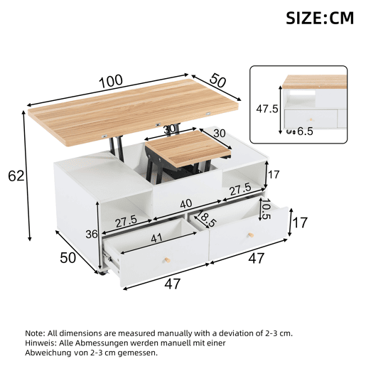 Mesa de sala elevável 100x50x47,5 cm - Mesa com função dobrável, 4 gavetas, 2 mesas hidráulicas, com rodas universais