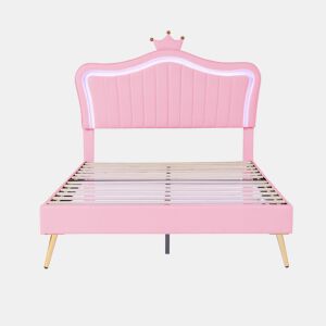 Cama infantil 140 x 200 cm - Estrutura com coroas cor-de-rosa, LED, cabeceira e estrado - Cor-de-rosa